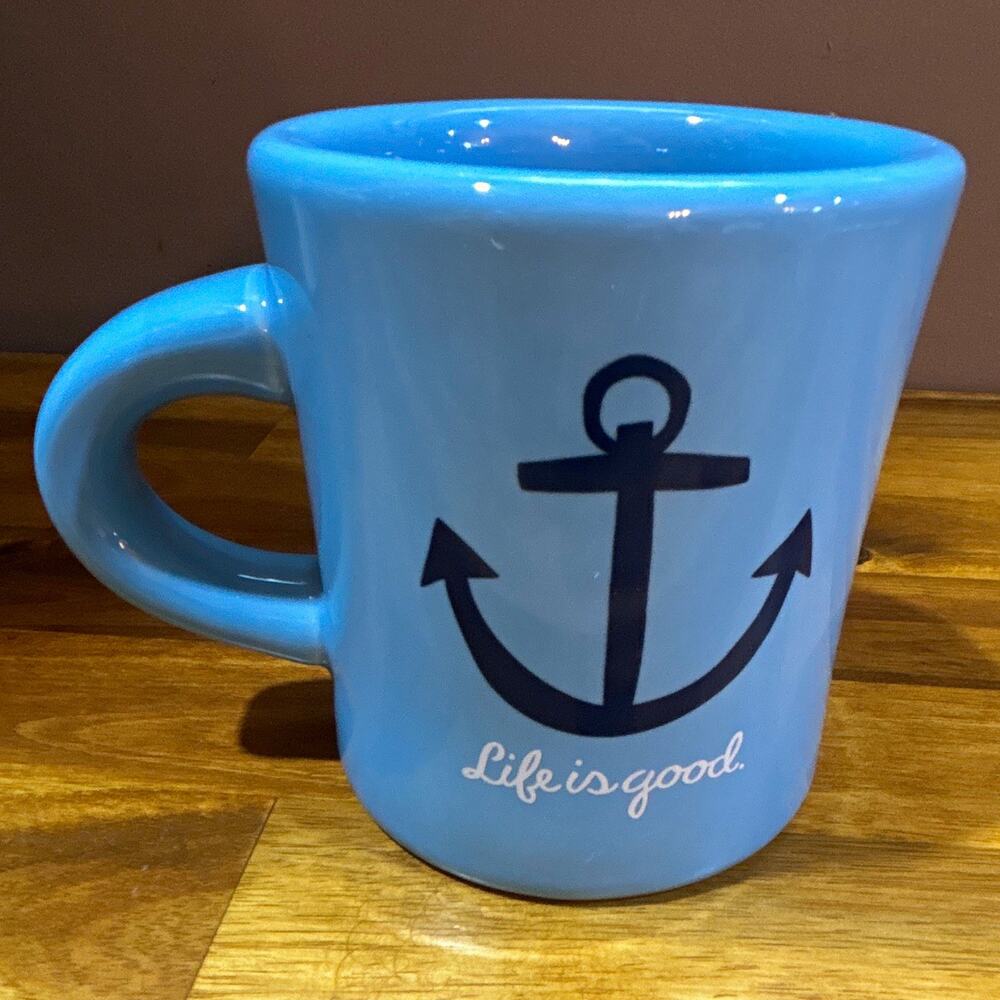 Life is good HOME Ceramic Coffee Mug 16 oz Blue Anchor Graphic Nautical